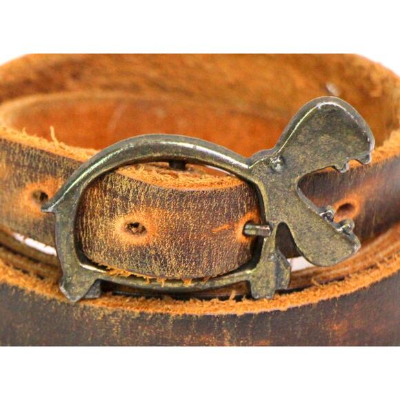 VTG BROWN REAL LEATHER 1/2"Wd HIPPO BUCKLE SKINNY DRESS WOMEN'S BELT Sz M (t73 - Picture 1 of 13